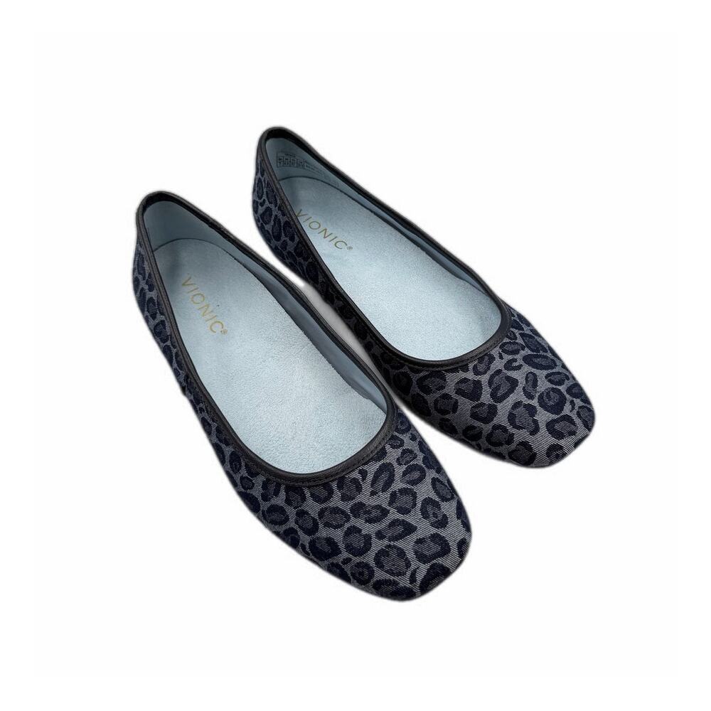 Vionic Orinda Square Toe Navy Blue Animal Print Casual Workwear Chic Ballet Flat